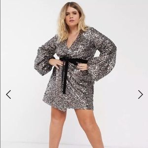 ASOS DESIGN Curve Sequin mini dress with blouson sleeve and tie waist